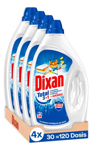 Dixan Gel Total 3+1, Detergente Líquido para Lavadora (30 lavados, pack de 4, total: 120 lavados), jabón líquido para lavar la ropa blanca y clara, Limpieza, luminosidad y frescor