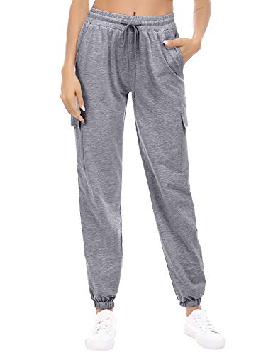 Doaraha Pantalones Deportivos Mujer Algodón Pantalón de Chándal Largo Elásticos Transpirables con Bolsillos Laterales para Deporte Gimnasio Fitness Correr (Gris Oscuro, S)