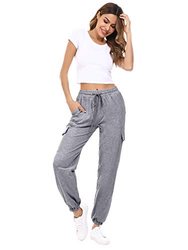 Doaraha Pantalones Deportivos Mujer Algodón Pantalón de Chándal Largo Elásticos Transpirables con Bolsillos Laterales para Deporte Gimnasio Fitness Correr (Gris Oscuro, S)