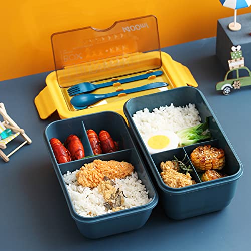 Dolinvo Fiambrera con Cubiertos Caja de Almuerzo Rectangular Gran Capacidad con 3 Compartimentos para Microondas Lavavajillas Lonchera Comida Trabajo Plástico PP - Amarillo 1400ml