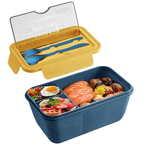 Dolinvo Fiambrera con Cubiertos Caja de Almuerzo Rectangular Gran Capacidad con 3 Compartimentos para Microondas Lavavajillas Lonchera Comida Trabajo Plástico PP - Amarillo 1400ml