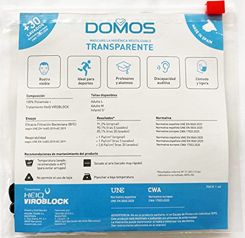 Domos Mascarilla Transparente Reutilizable. UNE0065 CWA17533. Fabricada en España (Talla M, Verde Caqui)