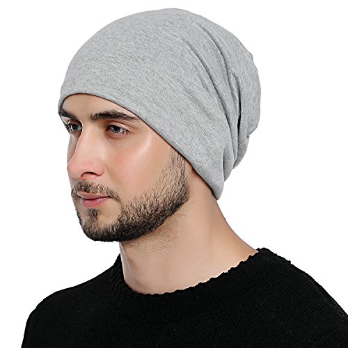 DonDon Hombre Jersey Gorro para todo el año clásico flexible gorro transpirable suave y adaptable a cualquier talla de cabeza - Gris claro