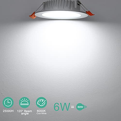 Downlight LED Empotrable 6W Equivalente 60W, 6 Pack Foco Empotrables LED Techo Redondo Blanco Frío 6000K, 600LM Ultradelgado 26mm, Ф 85-95mm, AC 160-260V, Ojos de buey de led para Salón Cocina