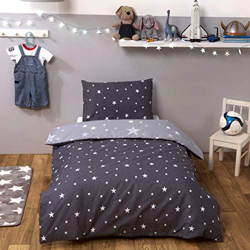 Dreamscene Galaxy Stars Toddler Duvet Cover with Pillowcase Kids Reversible Charcoal Bedding Set for Girls Boys, Silver Grey, Junior/Cot Bed Size