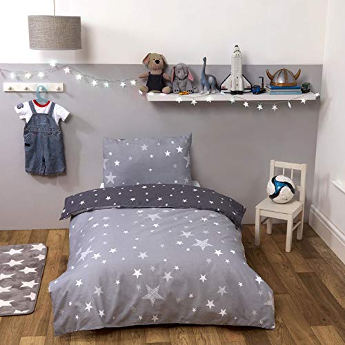 Dreamscene Galaxy Stars Toddler Duvet Cover with Pillowcase Kids Reversible Charcoal Bedding Set for Girls Boys, Silver Grey, Junior/Cot Bed Size