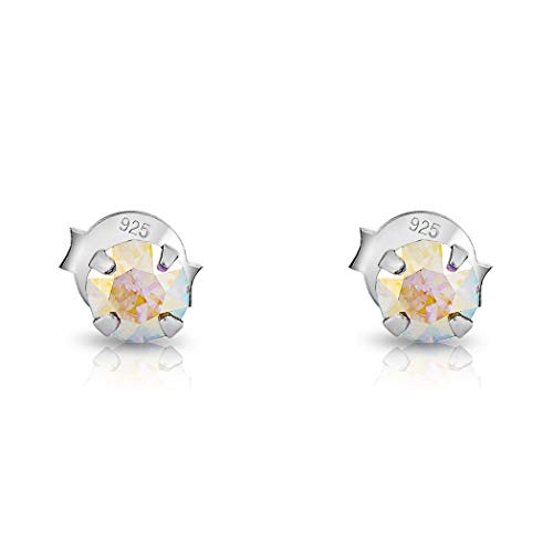 DTP Silver Semental Pendientes/Aretes de Plata de Ley 925 con Cristal Swarovski® Elements Minúsculo Redondo - Diámetro: 4 mm - Color: Aurora Boreale