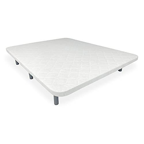 DUÉRMETE ONLINE Base Tapizada Reforzada Anti Ruido con 5 Barras de Refuerzo + Colchón Viscoelástico Bio MAX + 6 Patas metálicas roscadas de 27cm, Blanco, 135 X 190