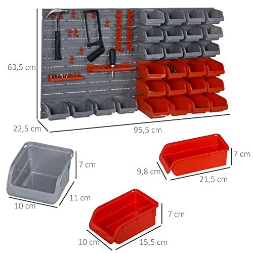 DURHAND Estante de Pared Organizador para Herramientas Estanterías de Almacenaje con 28 Cajas Apilables y Diferentes Ganchos 63,5x22,5x95,5cm Gris y Rojo