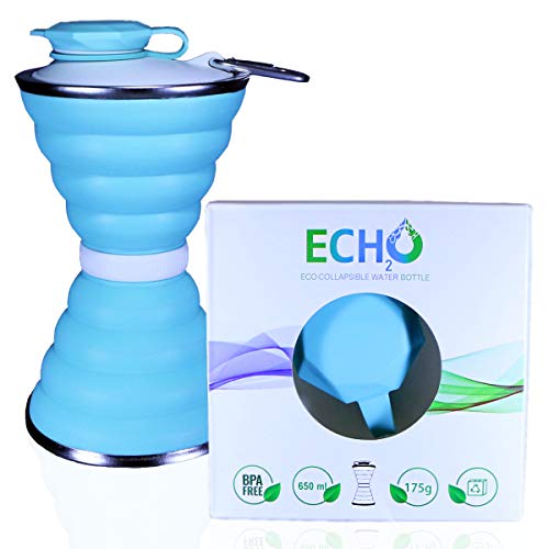 ECH2O Botella de agua plegable-Botella de agua cómoda, flexible, retráctil y reutilizable-Silicona de grado alimenticio sin BPA/Bisfenol A-Viajes/Deporte/Camping y senderismo (Turquesa)