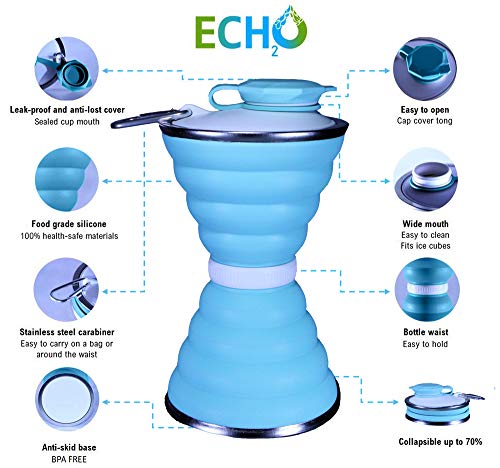 ECH2O Botella de agua plegable-Botella de agua cómoda, flexible, retráctil y reutilizable-Silicona de grado alimenticio sin BPA/Bisfenol A-Viajes/Deporte/Camping y senderismo (Turquesa)