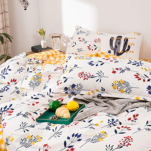 ED-Lumos Funda nórdica Juego de Ropa de Cama ４ Piezas Cama 90cm Poliéster Funda de edredón 150x200cm Sábana encimera 200x230cm Funda de Almohada 48x74cm Poliéster Amarillo Claro con Flores