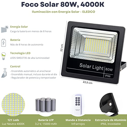 ELEDCO Foco Solar Led 80W, Panel Solar, Batería, Regulable Mando a Distancia, Luz Exterior Autonomía 8-15 Horas, Luz Neutra 4000K