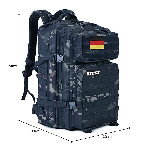 ELITEX Mochila 45L Táctica Militar Bandera Alemania Impermeable Deportiva Caza Aire Libre Deportes Gimnasio Portatil Oxford 900D (Negro Camuflaje)