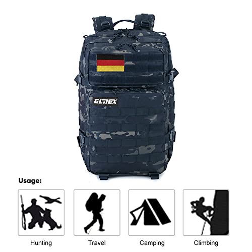 ELITEX Mochila 45L Táctica Militar Bandera Alemania Impermeable Deportiva Caza Aire Libre Deportes Gimnasio Portatil Oxford 900D (Negro Camuflaje)