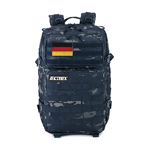 ELITEX Mochila 45L Táctica Militar Bandera Alemania Impermeable Deportiva Caza Aire Libre Deportes Gimnasio Portatil Oxford 900D (Negro Camuflaje)