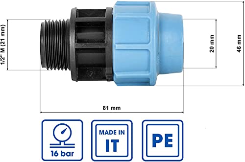 Empalme de tubo de polietileno de 1/2 pulgada con rosca exterior x 20 mm, MDPE PE PE para tuberías de agua, de plástico, para tubo de conexión