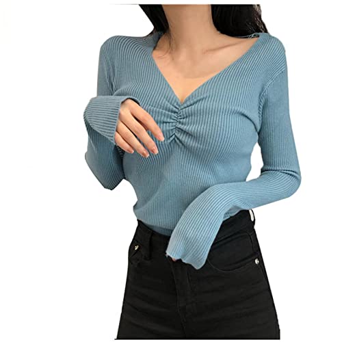 Esque Blusas De Manga Larga con Cuello En V Y Corte Entallado A La Moda Coreana para Mujer