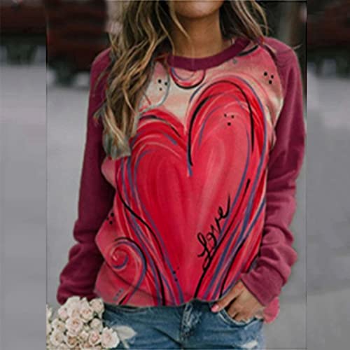 Esque DíA De San ValentíN Amor CorazóN Tops para Mujer Suelto Casual Cuello Redondo Manga Larga Impreso SuéTer Camiseta Top