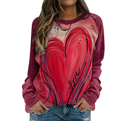 Esque DíA De San ValentíN Amor CorazóN Tops para Mujer Suelto Casual Cuello Redondo Manga Larga Impreso SuéTer Camiseta Top