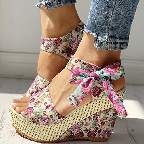 Esque Sandalias De TacóN De CuñA con Plataforma para Mujer, Zapatos con Cordones De Flores Florales, Calzado CóModo, Zapatos De TacóN Alto De Verano