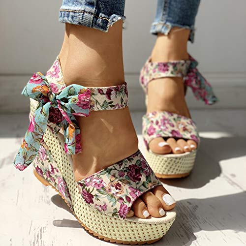 Esque Sandalias De TacóN De CuñA con Plataforma para Mujer, Zapatos con Cordones De Flores Florales, Calzado CóModo, Zapatos De TacóN Alto De Verano