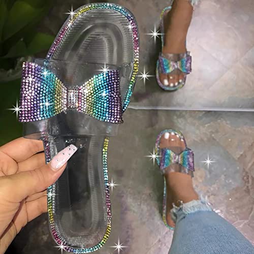 Esque Sandalias De TacóN Plano Brillante A La Moda para Mujer con Lazo De Diamante, Chanclas De Verano, Zapatillas Informales, Zapatos