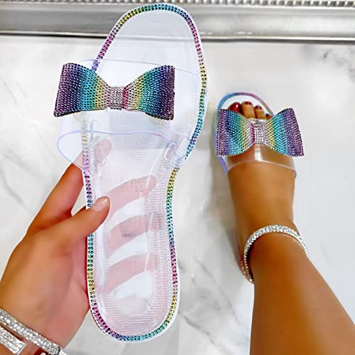 Esque Sandalias De TacóN Plano Brillante A La Moda para Mujer con Lazo De Diamante, Chanclas De Verano, Zapatillas Informales, Zapatos