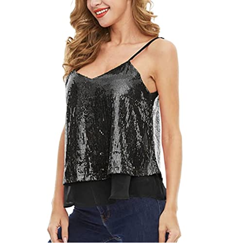 Esque Tirantes Nuevos para Mujer, Lentejuelas, Cuello En V, Costura, Color SóLido, Chaleco Encantador Sexy, Ropa Superior