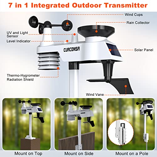 Estación Meteorológica, Pronóstico del Tiempo CURCONSA WIFI con Sensor Exterior 6 en 1, Pluviómetro, Dirección y Velocidad del Viento, WIFI + Sensor de Temperatura y Humedad Exterior. (8 Canales)
