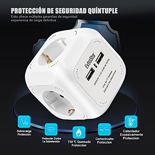 Extrastar PowerCube (Extended USB 1.5 m) Regleta de 4 Salidas, con 2 para Carga de USB 5V Blanco (Blanco)