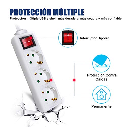 ExtraStar Regleta Alargador Blanco con 3 enchufes e Interruptor,Cable 1.5M Clavija Plana para el hogar, Oficina y Viajes