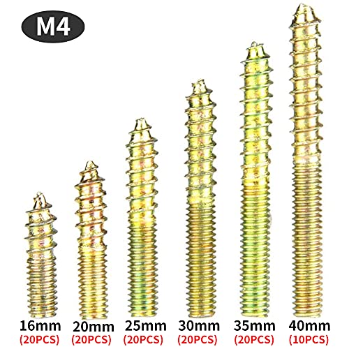 Fafeicy 110Pcs Tornillo de espiga M4, Tornillo de doble rosca, Conector para muebles de carpintería, Revestimiento de zinc Tornillo de rosca autorroscante