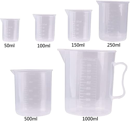 Fashionbabies Vasos Graduados 6 pcs plástico PP Taza de Medición Transparente de Cocina y Laboratorio 50ml 100ml 150ml 300ml 500ml 1000ml