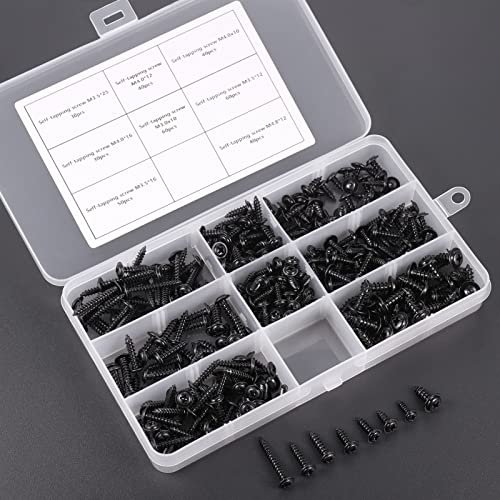 Fentar 350PCS Tornillos Autorroscantes M3 M3.5 M4 M4.8 Tornillos Negros Cabeza Plana Duradero Negro Cincado Kit Surtido Tornillos Autorroscantes con Caja Práctica de Plástico