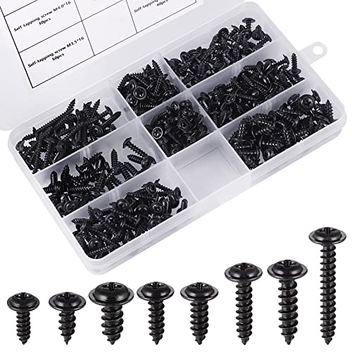 Fentar 350PCS Tornillos Autorroscantes M3 M3.5 M4 M4.8 Tornillos Negros Cabeza Plana Duradero Negro Cincado Kit Surtido Tornillos Autorroscantes con Caja Práctica de Plástico