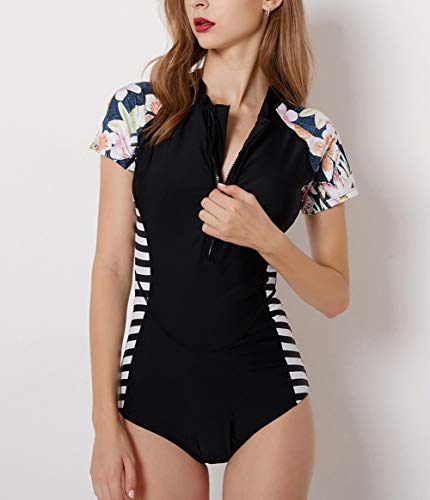 FEOYA - Traje de Baño de Una Pieza para Mujer Ropa de Natación para Surf Playa Bañadores Manga Corta Estampado de Flores Swimsuit Elástico para Fiesta en Piscina Negro - Talla 2XL / ES 42