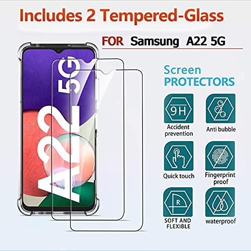 Ferilinso Funda para Samsung Galaxy A22 5G + 2 Piezas Cristal Templado Protector de Pantalla [Transparente TPU Carcasa] [10X Anti-Amarilleo] [Anti-Choque] [Anti-arañazos] [9H Dureza]