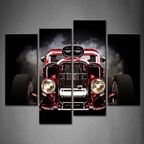 First Wall Art - Coche Cuadros en Lienzo Coche Rojo Retro con Humo sobre Fondo Negro Decoracion de Pared 4 Piezas Modernos Mural Fotos para Salon,Dormitorio,Baño,Comedor