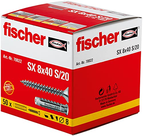 fischer - Tacos pared para hormigón SX 8x40 + tornillos para fijar lámparas, cuadros, Caja 50 tacos + 50 tornillos