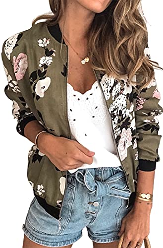 FLYCHEN Chaqueta Blázer para Mujer Blázer Estampado Floral por Todas Partes Chaqueta Mujer Bomber Manga Larga con Cremallera de Moda, 1 verde Blanco flor, M