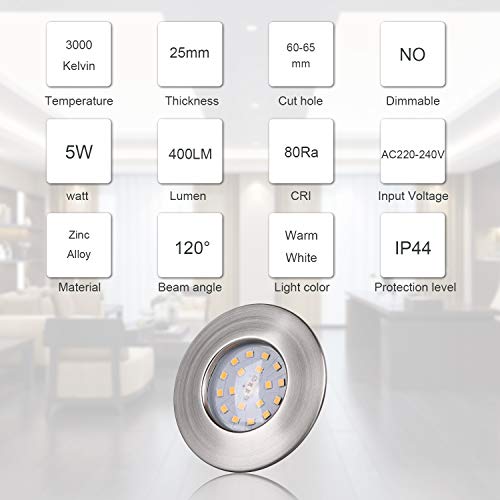 Foco Empotrable LED Techo Baño 5W Redondo Ojos de Buey de LED para techo Luz Blanca Cálida 3000K, IP44, 400 lm, Agujero Abierto Tamaño 68 mm, Techo de Iluminación para Dormitorio Cocina etc - 6 Pack