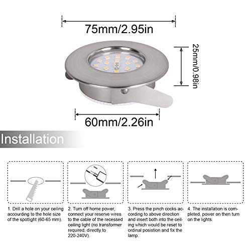 Foco Empotrable LED Techo Baño 5W Redondo Ojos de Buey de LED para techo Luz Blanca Cálida 3000K, IP44, 400 lm, Agujero Abierto Tamaño 68 mm, Techo de Iluminación para Dormitorio Cocina etc - 6 Pack