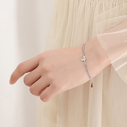 fohatu Pulsera De Mariposa De Doble Capa De Plata De Ley S925, Pulsera Ajustable De Zirconia Cúbica con Corte De Brillo Delicado, Regalos del Día De San Valentín, Joyería para Mujer,Plata