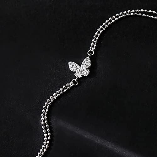 fohatu Pulsera De Mariposa De Doble Capa De Plata De Ley S925, Pulsera Ajustable De Zirconia Cúbica con Corte De Brillo Delicado, Regalos del Día De San Valentín, Joyería para Mujer,Plata