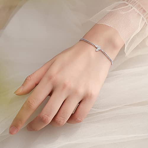 fohatu Pulsera De Mariposa De Doble Capa De Plata De Ley S925, Pulsera Ajustable De Zirconia Cúbica con Corte De Brillo Delicado, Regalos del Día De San Valentín, Joyería para Mujer,Plata