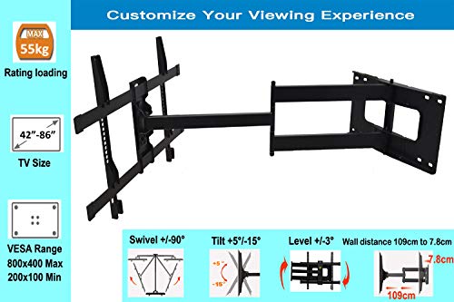 FORGING MOUNT Soporte de pared para TV de largo alcance, giratorio, inclinación, soporte de TV con brazo articulado de 109 cm, se adapta a TV de 42 a 86 pulgadas, soporta 55kg, VESA 800x400mm