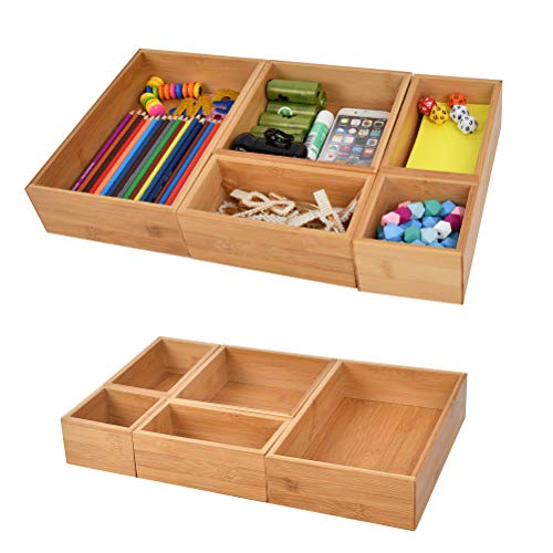 FOROREH Juego de 5 Cajas Organizadoras Paracocina，Rectangular de Bambú Extragrande, Organizador de Madera Apilable para Guardar Cubiertos, para Armarios de Cocina, Cajones o Despensa