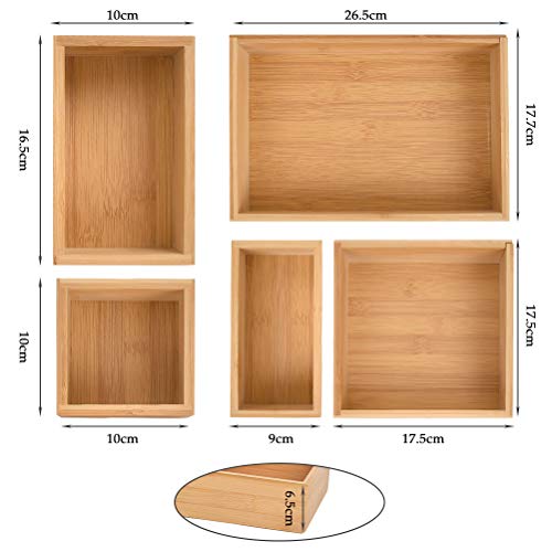 FOROREH Juego de 5 Cajas Organizadoras Paracocina，Rectangular de Bambú Extragrande, Organizador de Madera Apilable para Guardar Cubiertos, para Armarios de Cocina, Cajones o Despensa