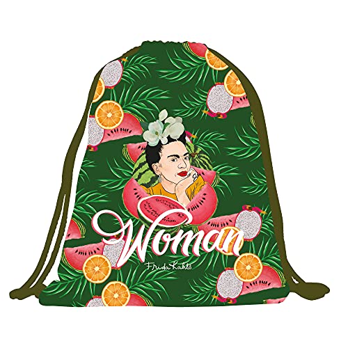 Frida Kahlo Mochila con cordón para llevar en la espalda y para cerrar. Complemento de moda mujer. Bolsa reutilizable y multiuso fabricada en España. Bolsa original con estampado Frida Woman.